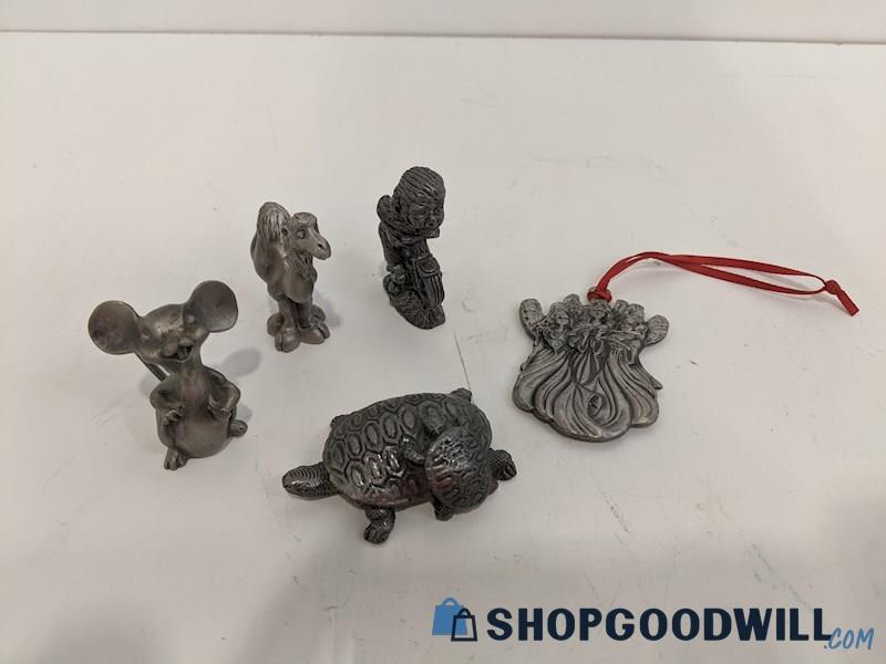 LOT Of 5 Solid Pewter & Metal Small Figurines - Noah's Ark Camel, Mouse + More