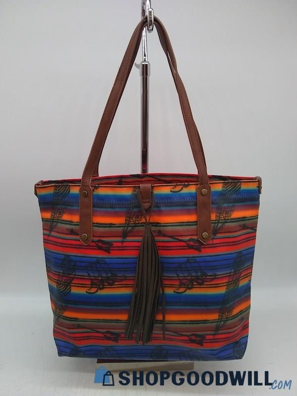 Catchfly Rio Blue/ Red/ Orange Striped Coated Canvas Shoulder Tote Handbag Purse