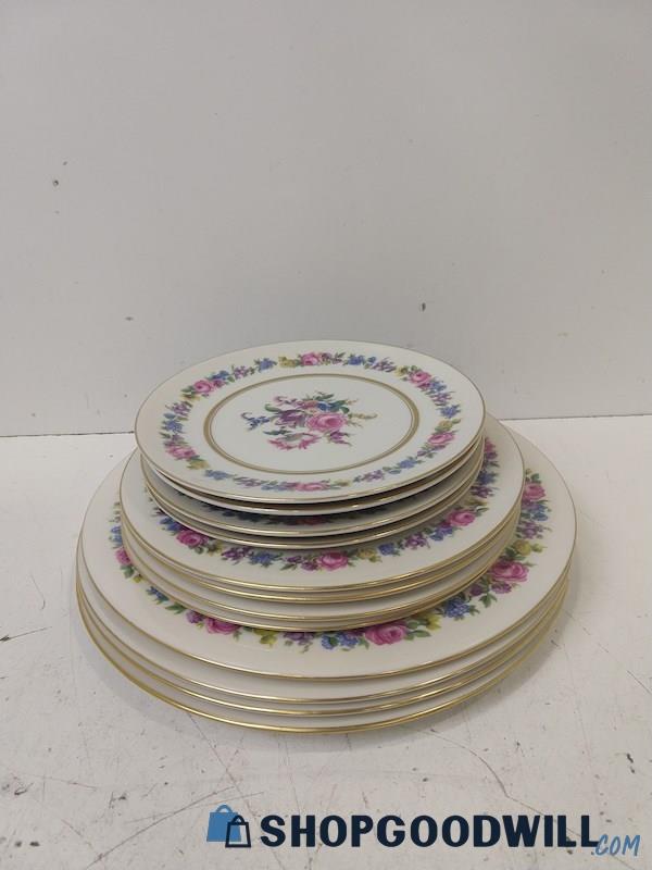 ID32 12pc Castleton Manor China Floral Plates Dinnerware Gold Color/Pink 
