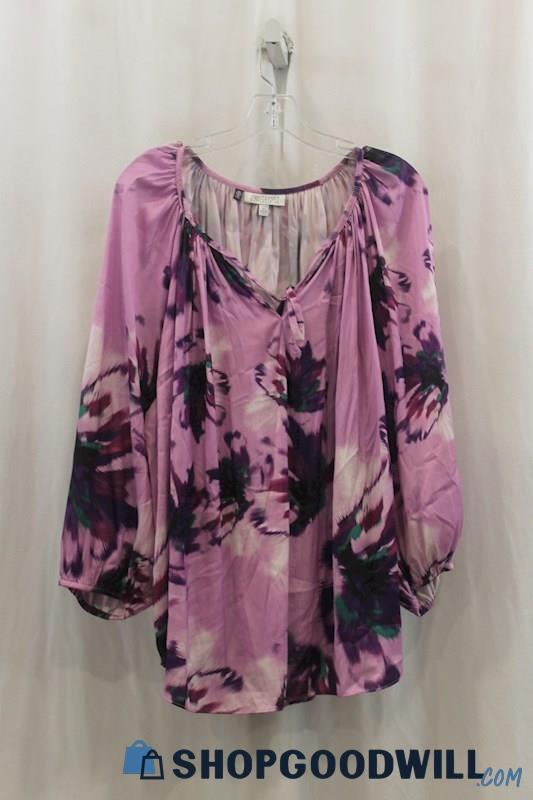 Jennifer Lopez Womens Multi-Purple Floral Balloon Sleeve Blouse Sz 2X