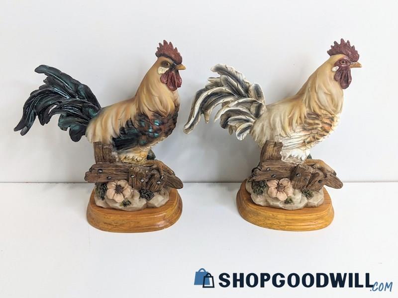 Set of 2 Resin Like Rooster Figurine Home Decor on Wooden Base