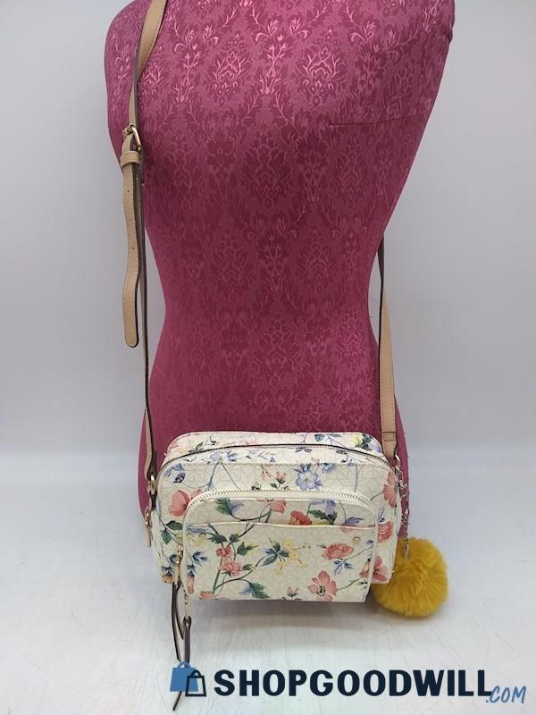 Time & Tru White/ Multicolor Floral Faux Leather Crossbody Handbag Purse 