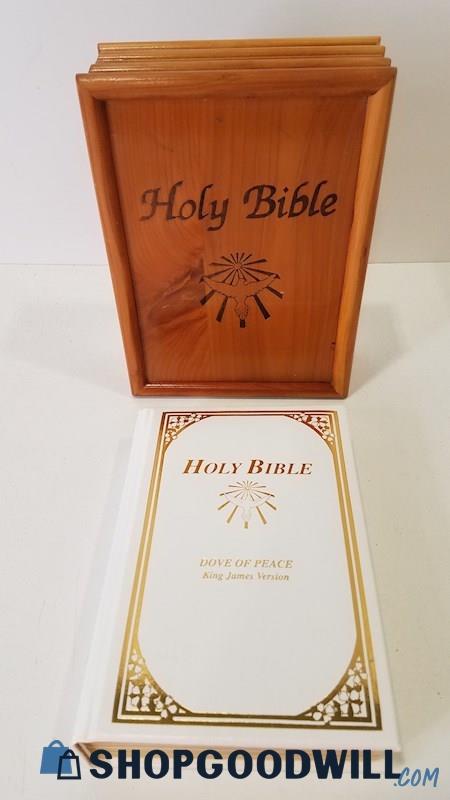 Vtg 1991 Holy Bible SC w/Wood Box Dove Of Peace Ed KJV White Leather