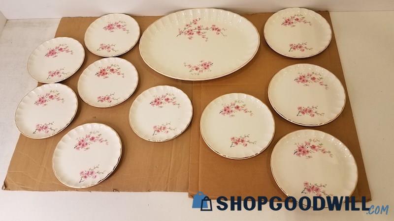 11pc WS George Bolero China Peach Blossom Pink Floral/Gilt Rims Plates Platter