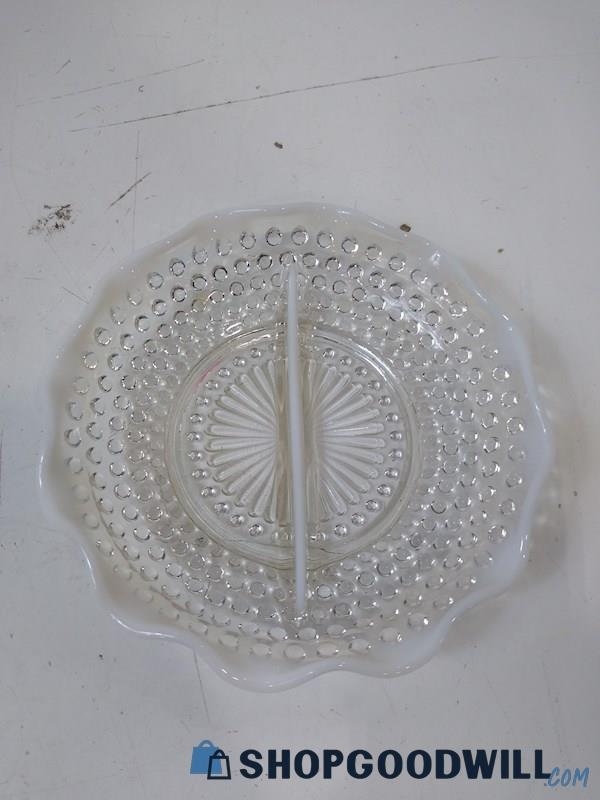 White & Clear Divided Glass Dish - Appears Fenton Moonstone Appears VTG 