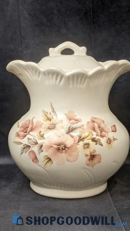 Lionstone Pottery White Ceramic Tapered Cookie Jar W/ Pink Flowers Kitchenware