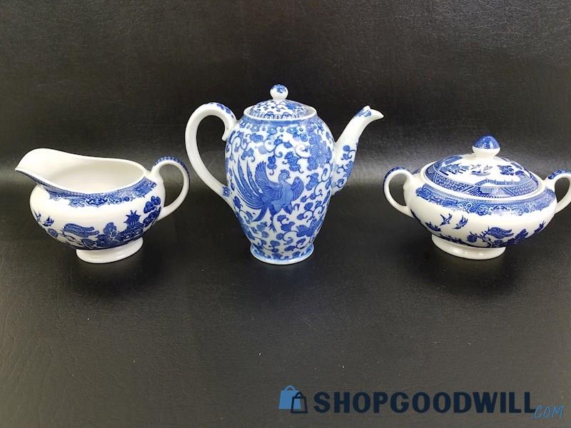 Porcelain Tea Set W/ Lidded Pot Sugar Bowl & Creamer Dish, Vintage