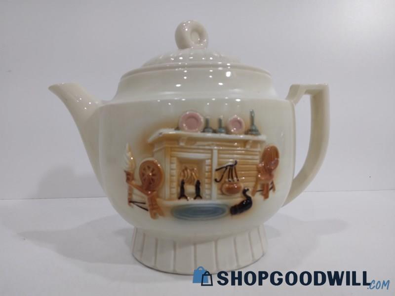 Large VTG Porcelier Vitreous China Teapot W/ Raised Hearth Scene USA Tableware