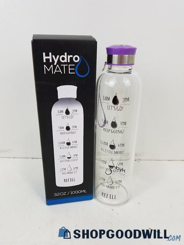 Hydromate 32 Oz Shatter Resistant Glass Water Bottle W/ Purple Lid Hydration