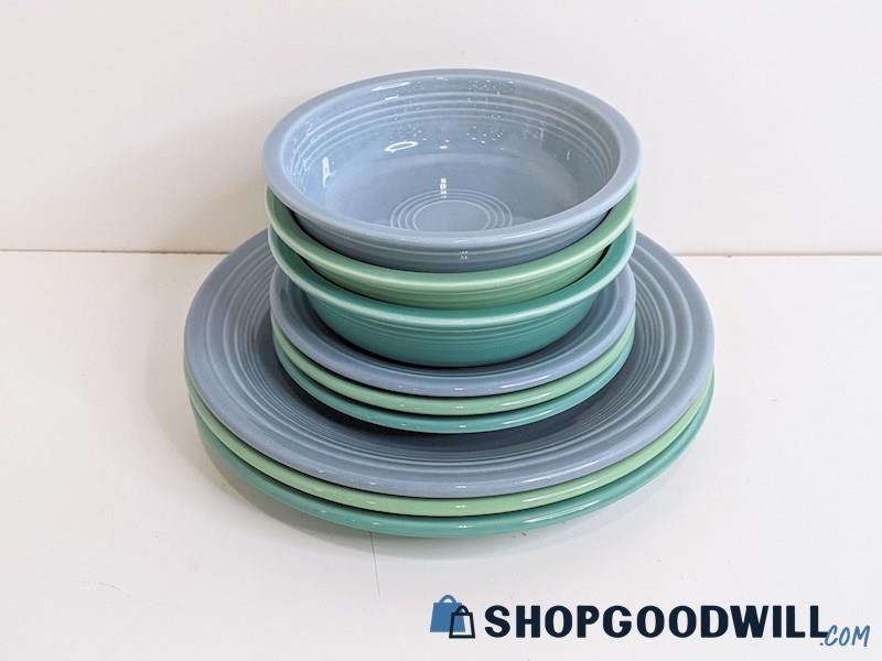 9pc Fiesta Ware HLC Turquoise, Sea Mist + Periwinkle Dinnerware Plates & Bowls