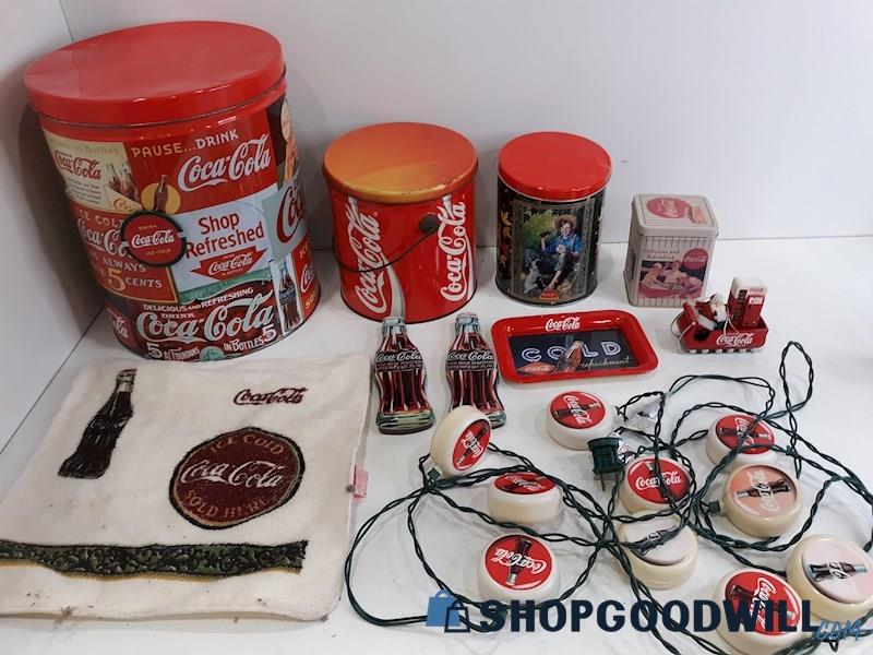 Large Coca Cola Memorabilia Lot, Metal Tins, Figurines, Lights, Towels, Etc.