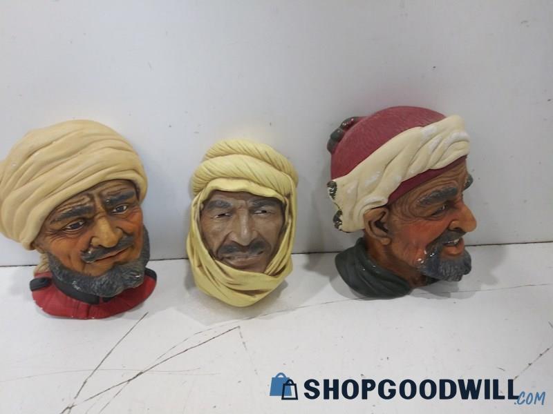 3PC Chalk Ware Men In Turban With Beards Yellow Red Wall Hanging Art VTG