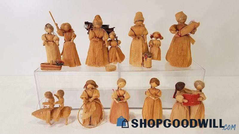 10pc Cornhusk Figurines American Pioneer-Style Women Kids Unbranded Approx 3-6