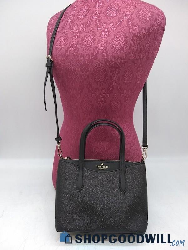 Kate Spade Black Leather/ Glitter Crossbody Satchel Handbag Purse 