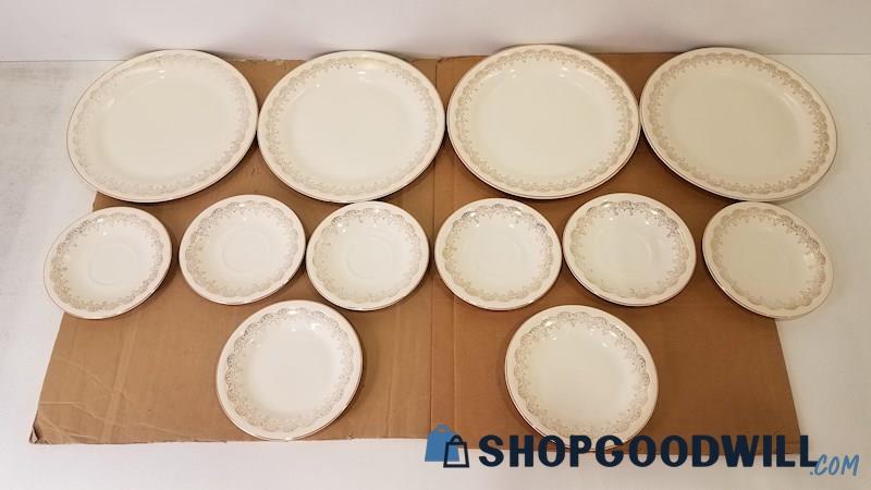 12pc Edwin Knowles China Semi-Vitreous Off-White/Gilt Floral Plates Saucers