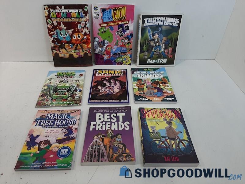 (a) 9 Asstd. Kids & Young Adult Graphic Novels Teen Titans Go Gumball Sonic +