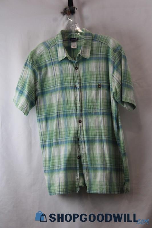 Patagonia Men's Blue & Green Gingham Button Up T Shirt SZ L