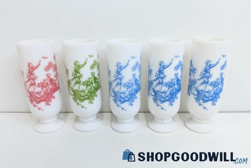 Set of 5 Avon Red, Green & Blue Demitasse Toile Collectible Mugs