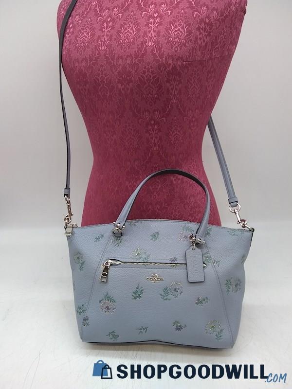 Coach Lavender Blue Pebbled Leather w/ Floral Stitching Satchel Handbag Purse 