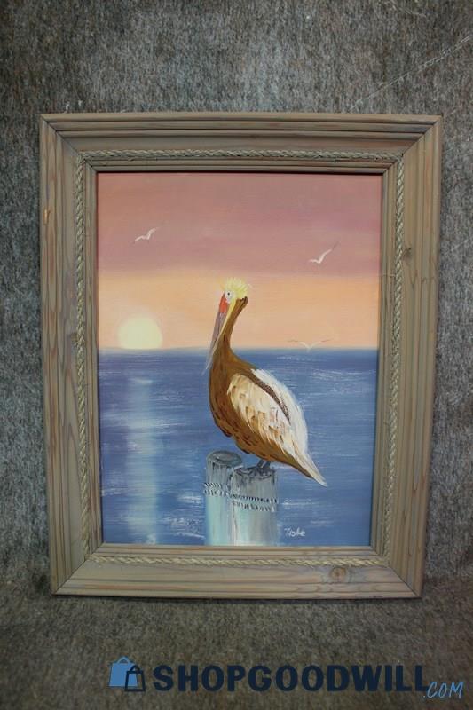 Brown Pelican Sea Looking Out to Sunset Sea Framed Original Painting Signed Hole