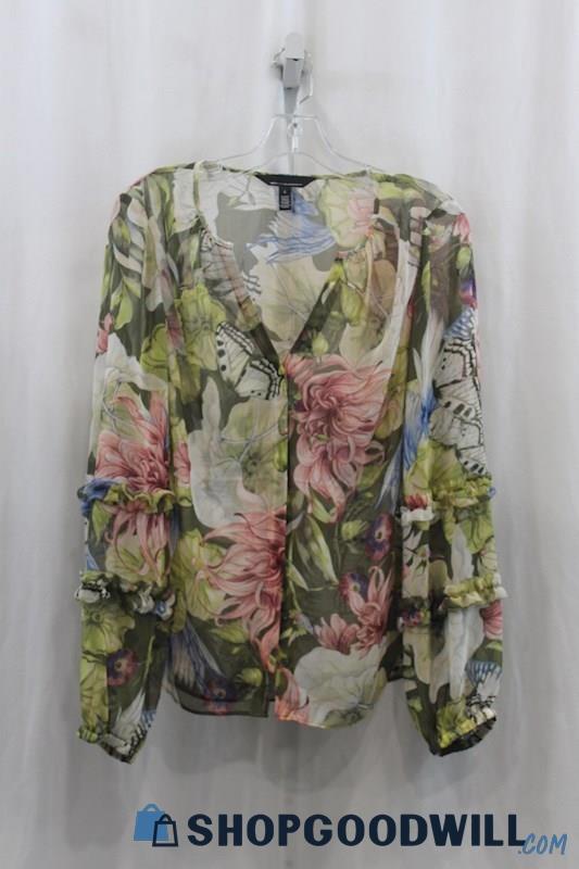 White House Black Market Womens Olive Green/Pink Floral Sheer Blouse Sz S