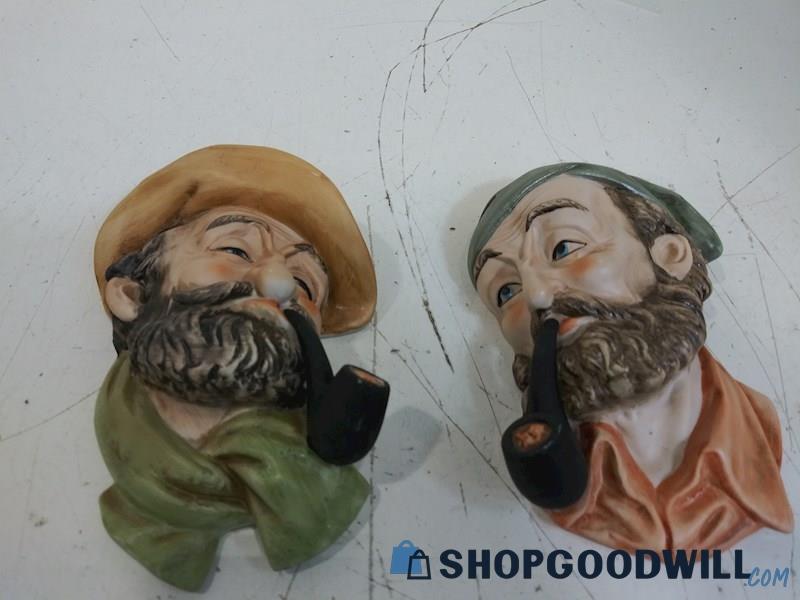2PC Lefton Chalk Ware Men with 3D Smoking Pipes Wall Plaques Hanging 5433