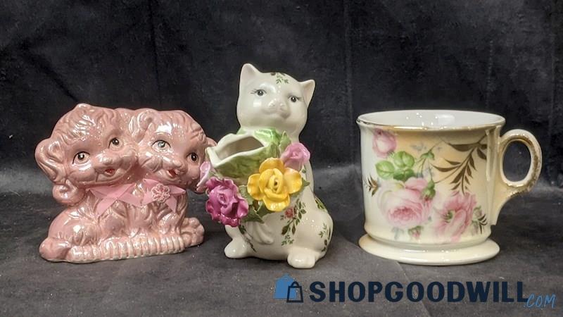 3pcs Mixed Brand Porcelain Figurines & Mug Pink Dogs Cat Pitcher Pink Floral