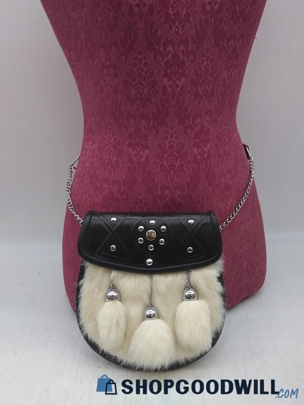 Tartanista Black Leather/ White Animal Fur Sporran Belt Handbag Purse 