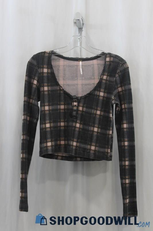 Free People Womens Black/Pink Plaid Crop Shirt Sz XS