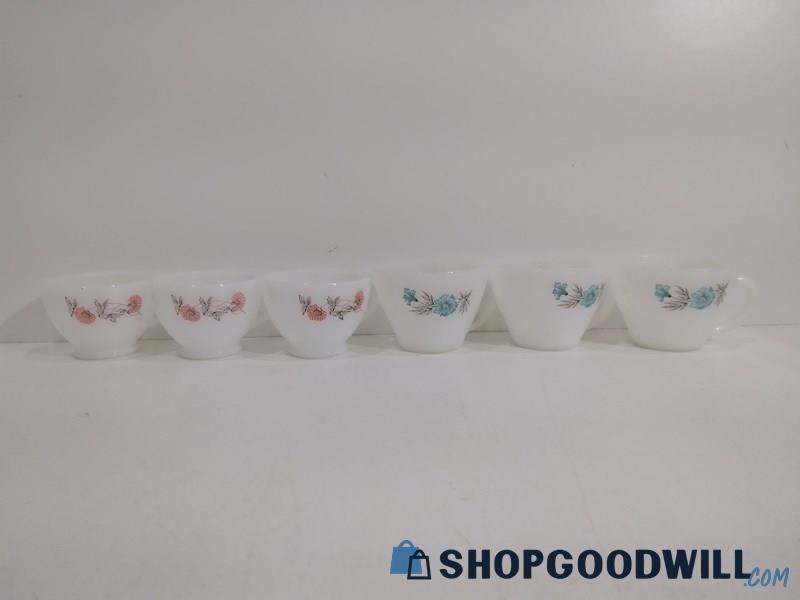 6PCS VTG Anchor Hocking Milk Glass Small Cups Blue Pink Flowers Drink Ware  