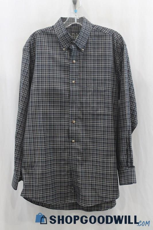 Jos A Bank Men's Black/Gray Gingham Patterned Dress Shirt SZ M