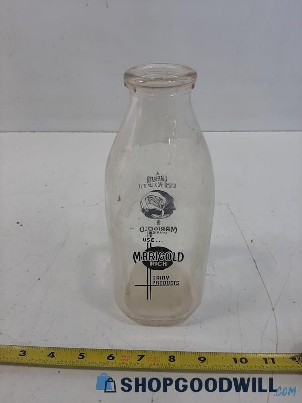 Vintage Clear Glass Marigold Dairies 1 Quart Bottle Without Lid 9