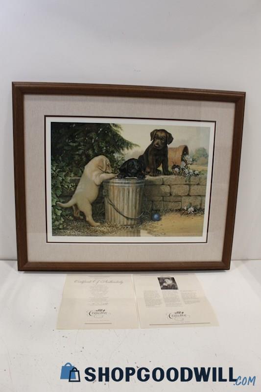 Jim Lamb Signed 'The Water Bucket' Framed Lab Puppy Art Print 281/950 COA/BIO PU