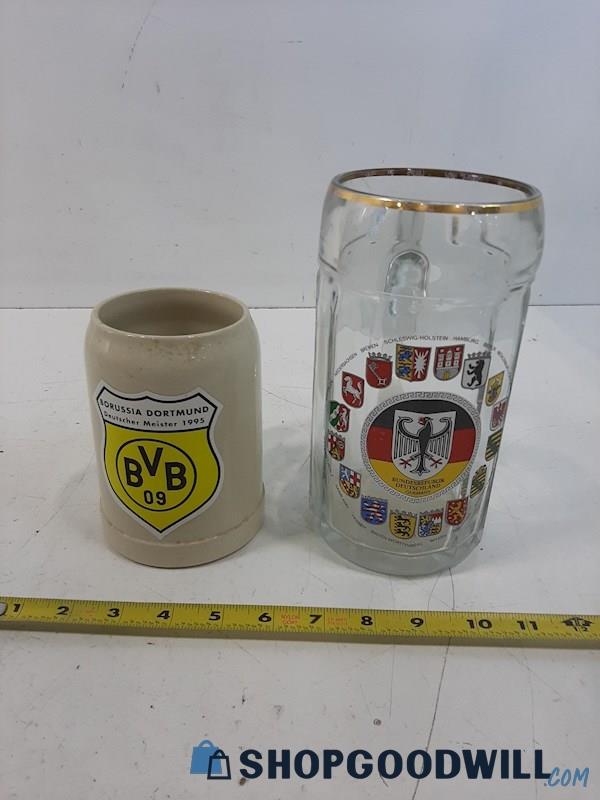 2 Unlabeled German Style Beer Mugs 1 Stoneware 1 Clear Glass 