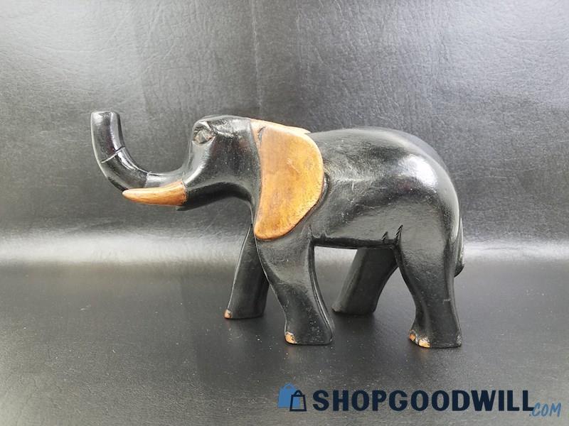 Black Hand Carved & Painted Wooden Elephant Sculpture Statue, Vintage Decor