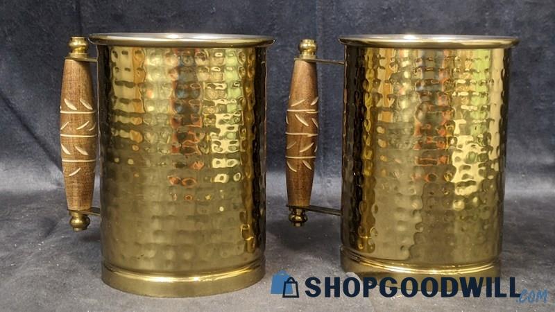 2pcs Unbranded Gold Tone Metal Canister Mugs Cups W/ Etched Wooden Handles
