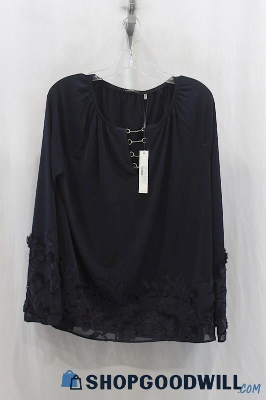 NWT Tahari Womens Navy Knit Lace Blouse Sz M