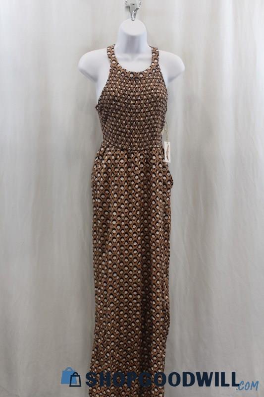 NWT Jessica Simpson Womens Navy/Tan Geo-Pattern Wide-Leg Jumpsuit Sz S