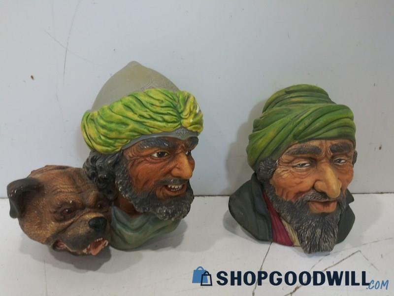 2PC Chalk Ware Head Plaque Figurine Men Wearing Turban Animal Albanian?  