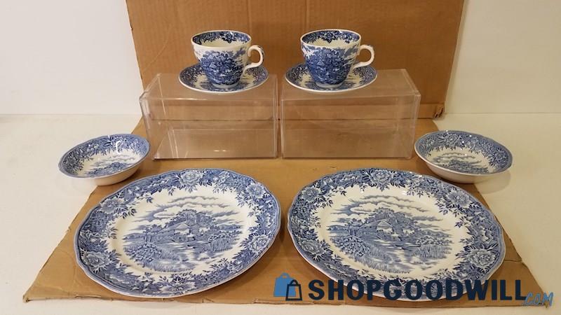 8pc Salem China Co English Village Ironstone Blue/White Teacups Plates Bowls+