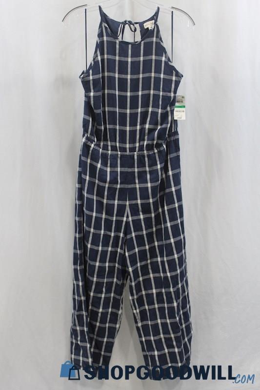 NWT Maison Jules Women's Blue/Gray Plaid Jumpsuit SZ L