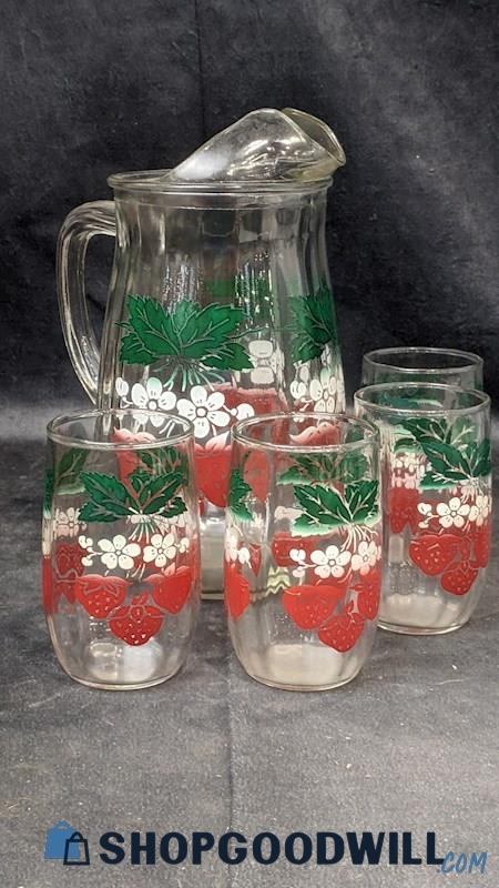 5pcs Vintage 1940s Anchor Hocking Strawberry Themed Juice Pitcher W/ Glasses
