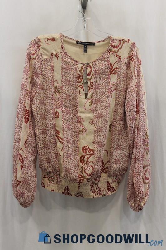 NWT White House Black Market Women's Red/Beige Design Pattern Blouse SZ S