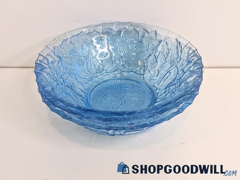 Set of 3 KIG Indonesia Blue Embossed Fruit Design Glass Bowls