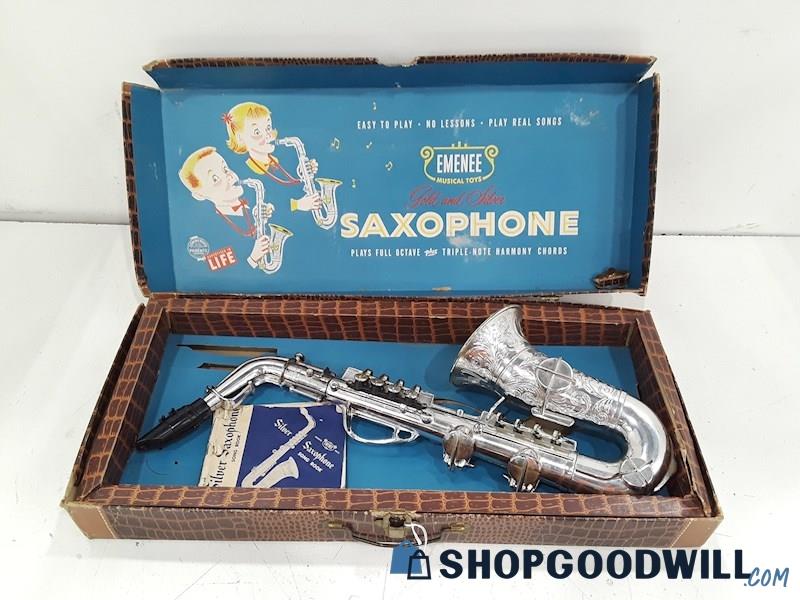 VTG IOB Youth Child Emenee Musical Toy Silver Colored Saxophone w/Mouthpiece