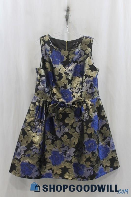 Tahari Womens Blue/Golder Shimmer Pattern A-Line Dress Sz 16