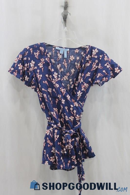 Draper James Womens Blue/Pink Floral Wrap Peplum Linen Blouse Sz 10