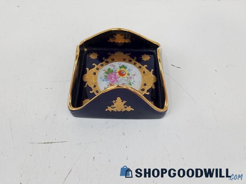 Cobalt Blue W/ Gold Painted Accents Square Tray, Platter, Vintage Home Decor