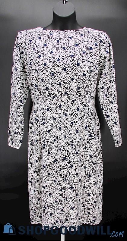 Argenti Women's Vtg White/Navy Leaf Print Silk Long Sleeve Sheath Dress SZ 10