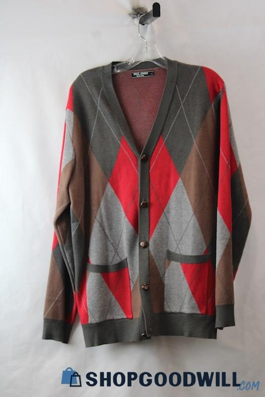 Paul Jones Men's Gray/Red Argyle Pattern Button Up Sweater SZ L